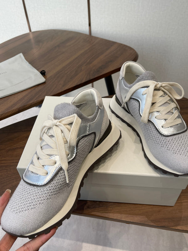 Brunello Runners With Shiny Eyelets Grey Suede Cotton 624469