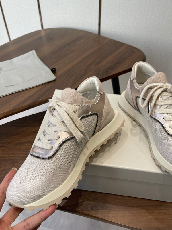 Brunello Runners With Shiny Eyelets Light Grey Suede Cotton 624471