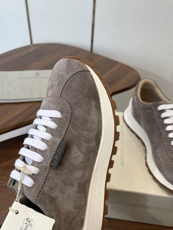 Brunello Runners With Shiny Tab Dark Taupe Suede 624494
