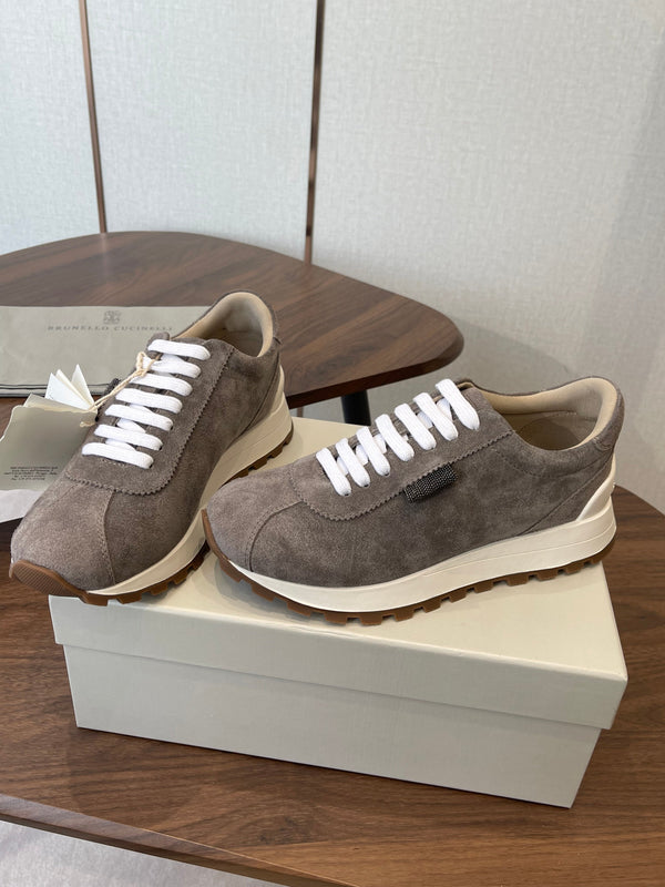 Brunello Runners With Shiny Tab Dark Taupe Suede 624494