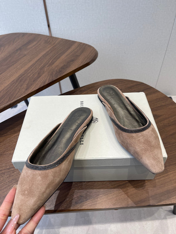 Brunello Monili-chain Mules Brown Suede 624508