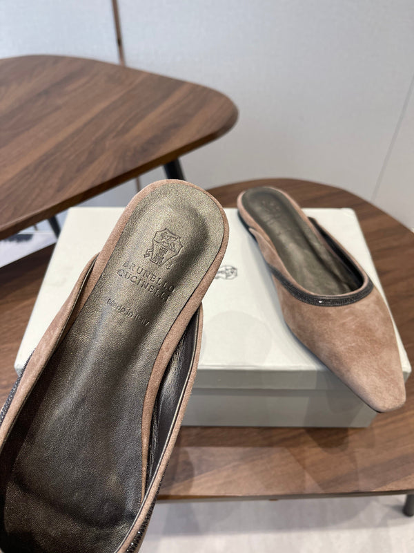 Brunello Monili-chain Mules Brown Suede 624508