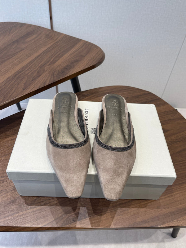 Brunello Monili-chain Mules Taupe Suede 624509