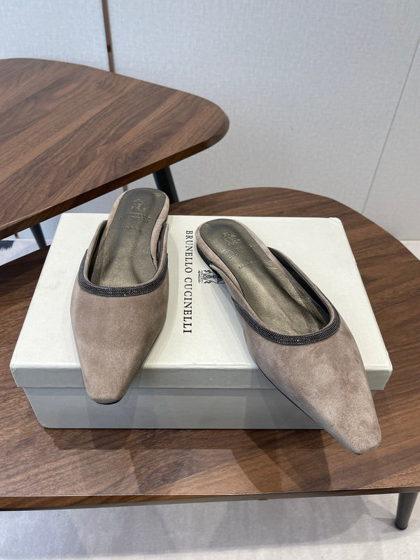 Brunello Monili-chain Mules Taupe Suede 624509