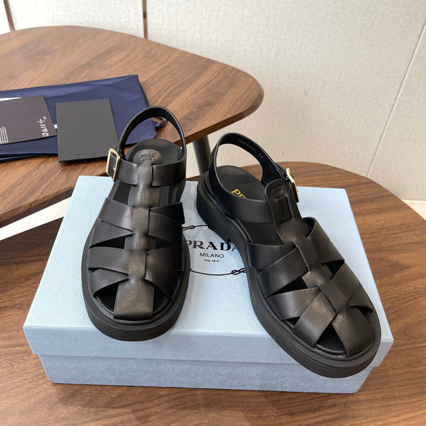 Prada 26s Fisherman's Sandals Black Leather 727674