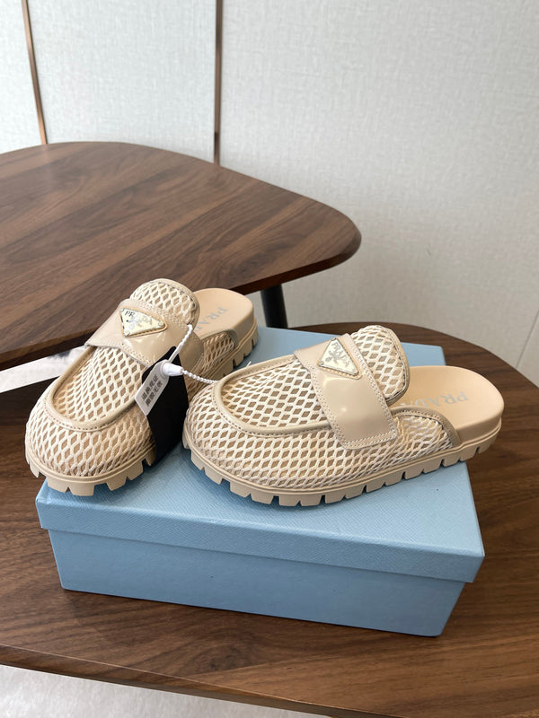 Prada 26s Mules Light Beige Mesh Fabric 727677