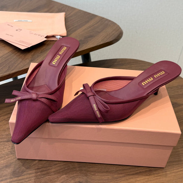 Miu 26s High-Heeled Mules Burgundy Mixed Sheepskin with Lace 790456