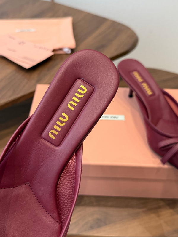 Miu 26s High-Heeled Mules Burgundy Mixed Sheepskin with Lace 790456