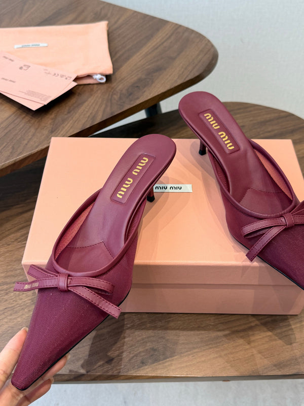 Miu 26s High-Heeled Mules Burgundy Mixed Sheepskin with Lace 790456