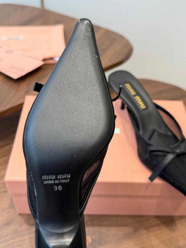 Miu 26s High-Heeled Mules Black Mixed Sheepskin with Lace 790457