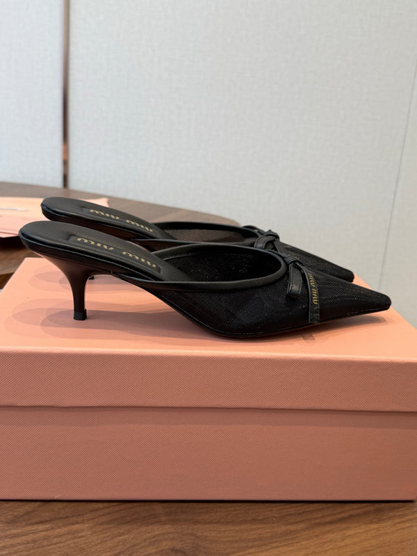 Miu 26s High-Heeled Mules Black Mixed Sheepskin with Lace 790457