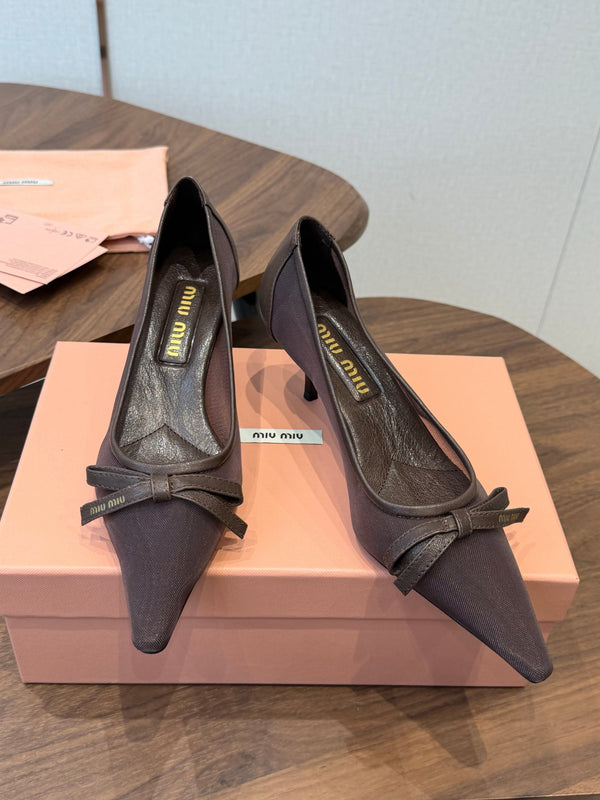 Miu 26s High-Heeled Pump Coffee Mixed Sheepskin with Lace 790462