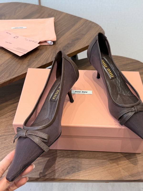 Miu 26s High-Heeled Pump Coffee Mixed Sheepskin with Lace 790462