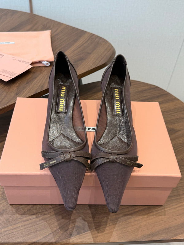 Miu 26s High-Heeled Pump Coffee Mixed Sheepskin with Lace 790462