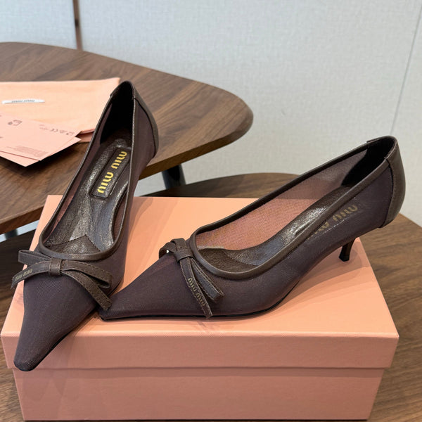 Miu 26s High-Heeled Pump Coffee Mixed Sheepskin with Lace 790462