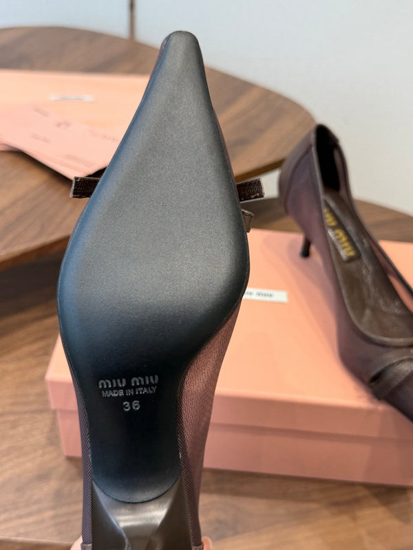 Miu 26s High-Heeled Pump Coffee Mixed Sheepskin with Lace 790462