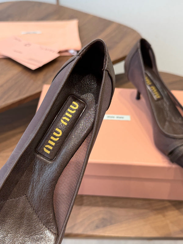 Miu 26s High-Heeled Pump Coffee Mixed Sheepskin with Lace 790462