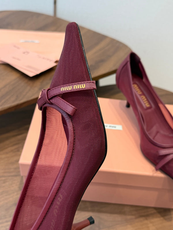 Miu 26s High-Heeled Pump Burgundy Mixed Sheepskin with Lace 790463