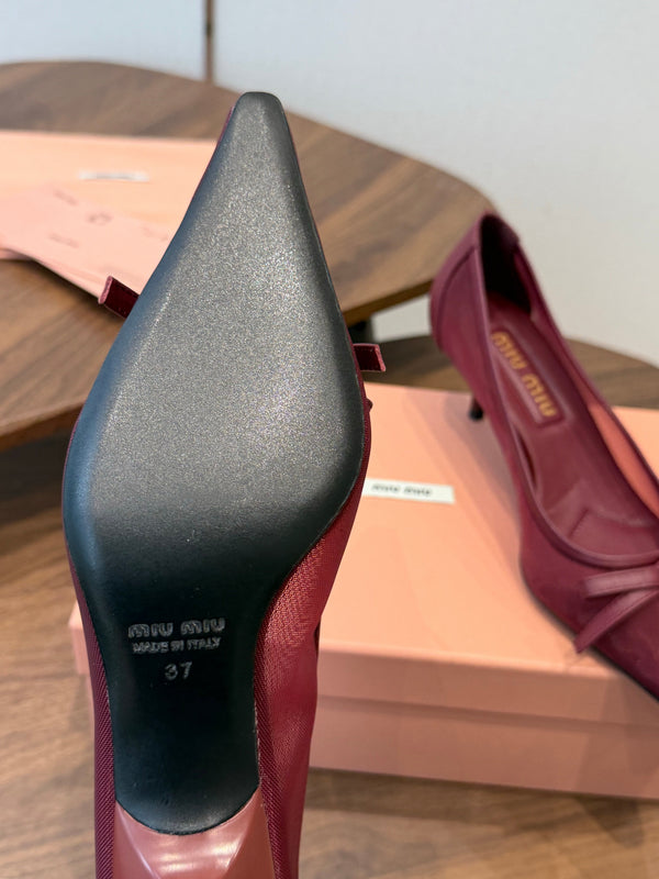Miu 26s High-Heeled Pump Burgundy Mixed Sheepskin with Lace 790463