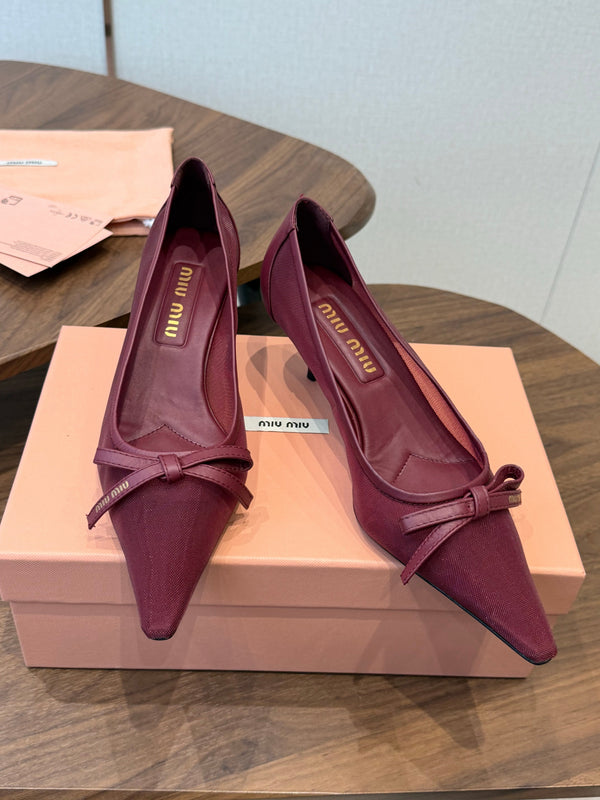 Miu 26s High-Heeled Pump Burgundy Mixed Sheepskin with Lace 790463