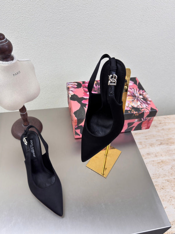 DC Slingback Pumps Black Silk & Sheepskin 343141