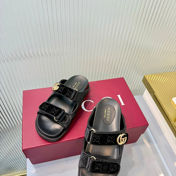 GG 26s Dad Mule Sandals Black Leather Velvet 714864