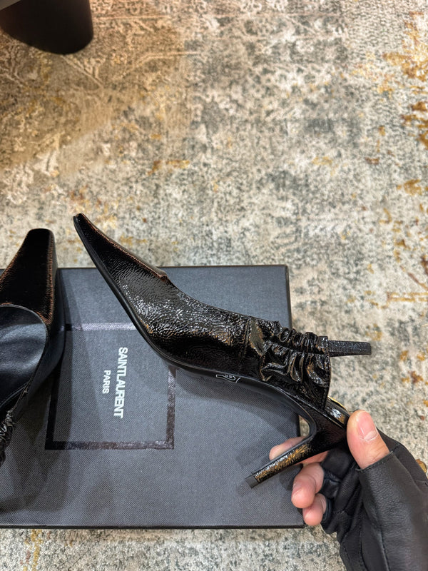 YSL Anne-Marie Slingback 8cm Black Glossy Sheepskin 637224
