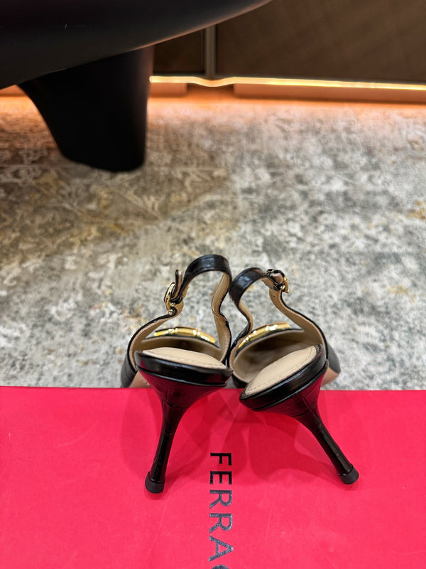 Ferragamo Maxi Gancini Slingback 7.5cm Black Embossed Sheepskin