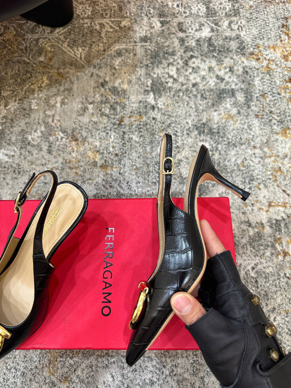 Ferragamo Maxi Gancini Slingback 7.5cm Black Embossed Sheepskin