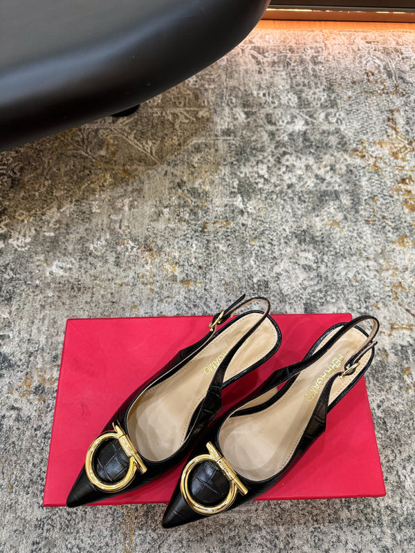 Ferragamo Maxi Gancini Slingback 7.5cm Black Embossed Sheepskin