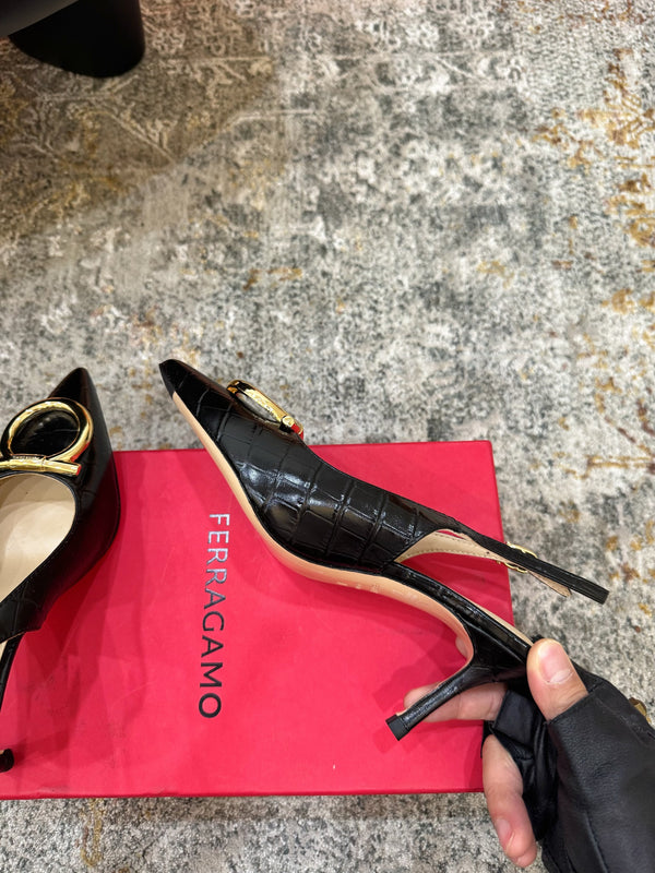 Ferragamo Maxi Gancini Slingback 7.5cm Black Embossed Sheepskin
