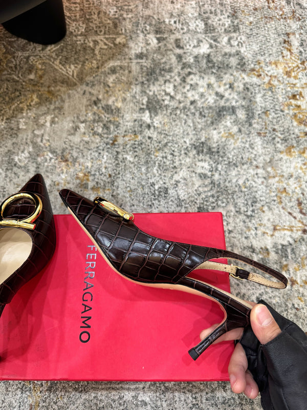 Ferragamo Maxi Gancini Slingback 7.5cm Black Cowhide 694840