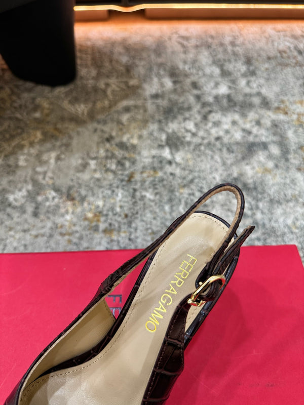 Ferragamo Maxi Gancini Slingback 7.5cm Black Embossed Cowhide 694841