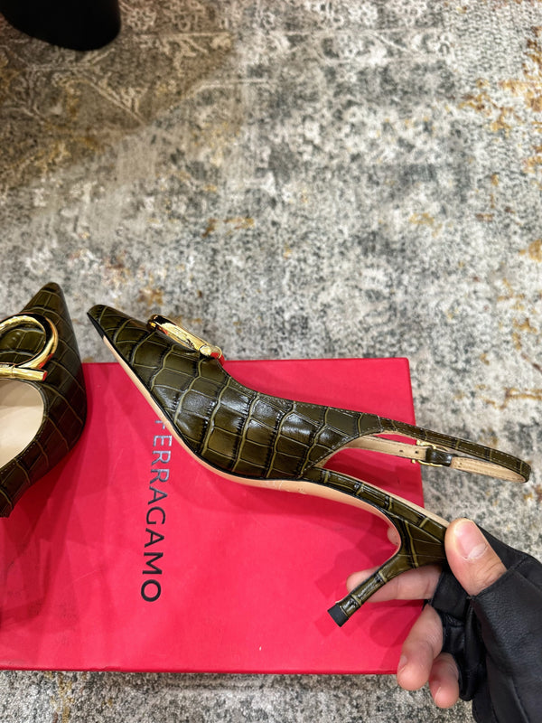 Ferragamo Maxi Gancini Slingback 7.5cm Olive Embossed Cowhide