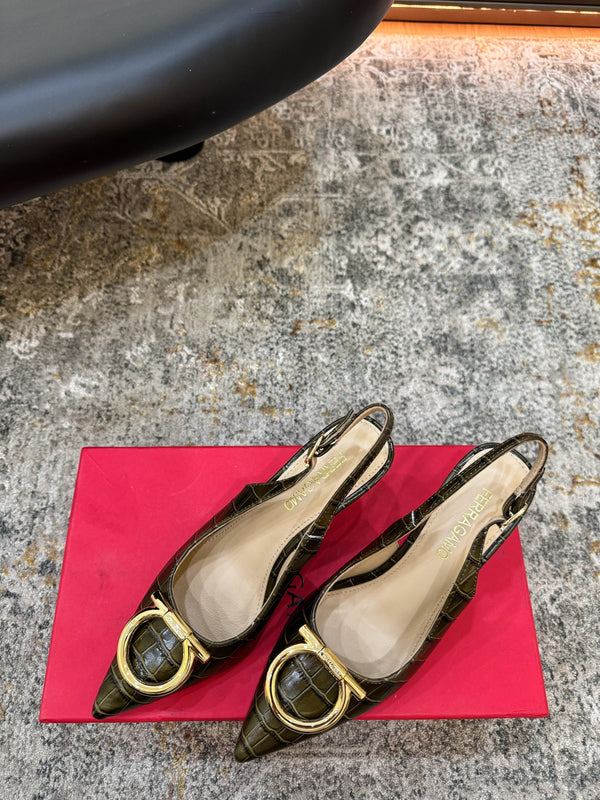 Ferragamo Maxi Gancini Slingback 7.5cm Olive Embossed Cowhide