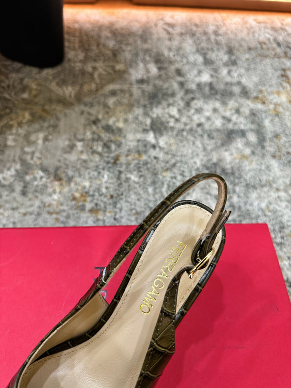 Ferragamo Maxi Gancini Slingback 7.5cm Olive Embossed Cowhide