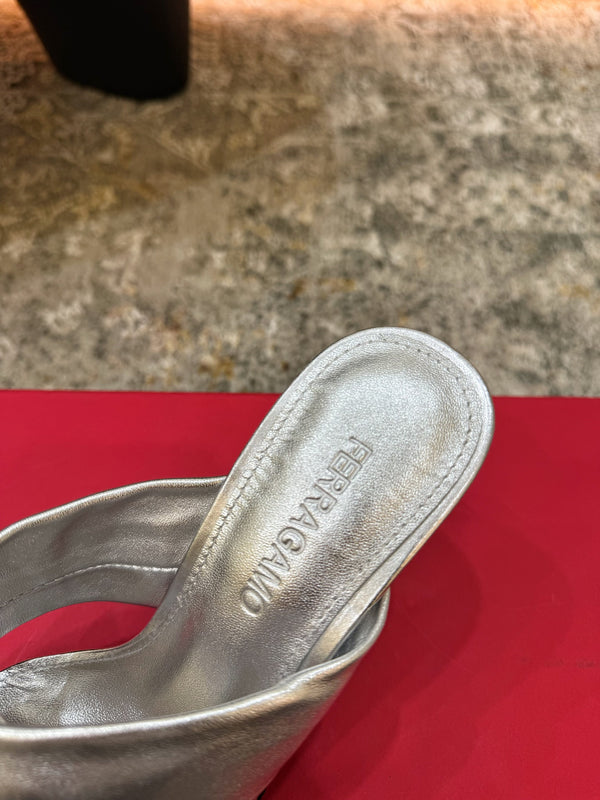 Ferragamo Gancini-Heel Padded Sandals 9cm Sliver Cowhide 694846