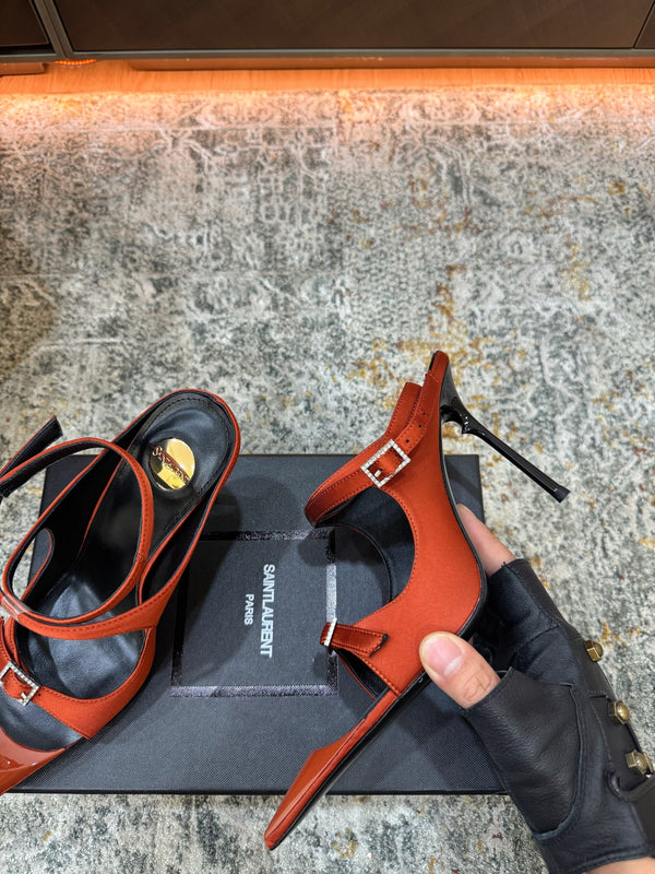 YSL 26FW Sandal 10.5cm Rust Red Silk 803986