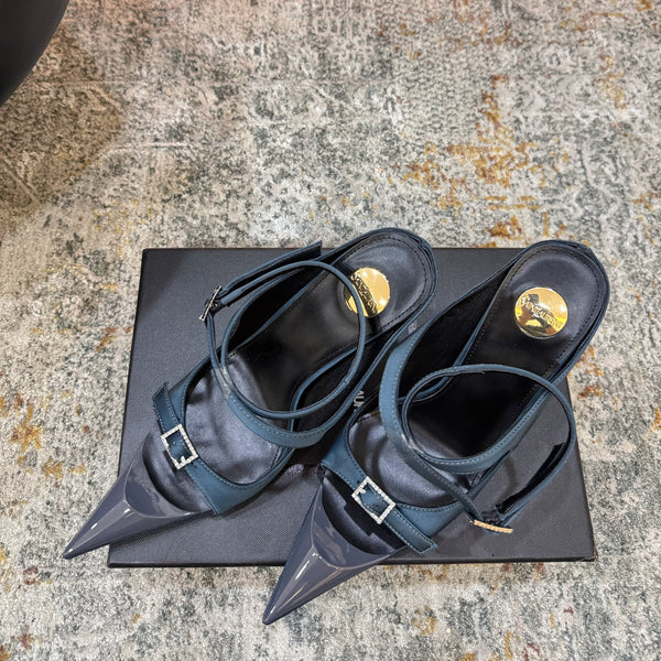 YSL 26FW Sandal 10.5cm Dark Teal Blue Silk 803987