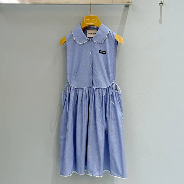 Robe sans manches à carreaux en coton bleu Miu Miu 2026