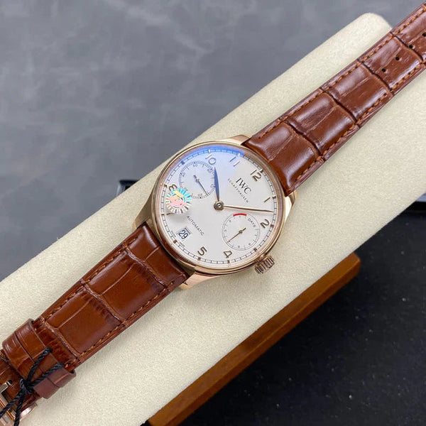 IWC Portuguese 42mm Cream Dial Pink Gold Case Crocodile Leather