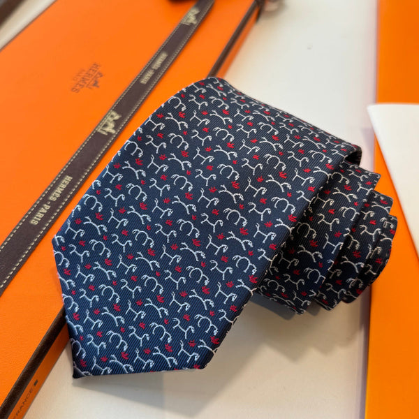 HM Horse Pattern Tie Navy Blue Twill Silk 212127