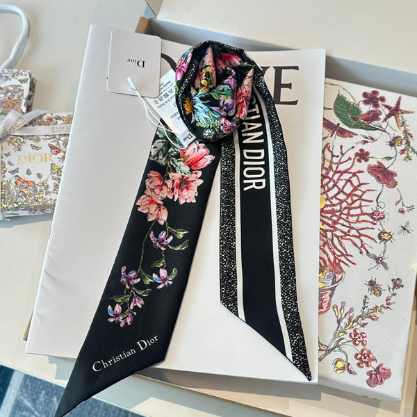 CD Twilly Mini Scarf 105cm Black Colorful Mulberry Silk 902532