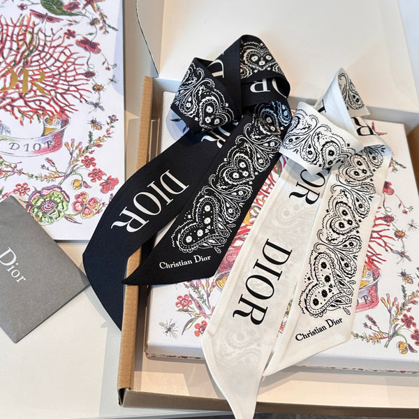 CD Twilly Mini Scarf 105cm White Black Mulberry Silk 968857