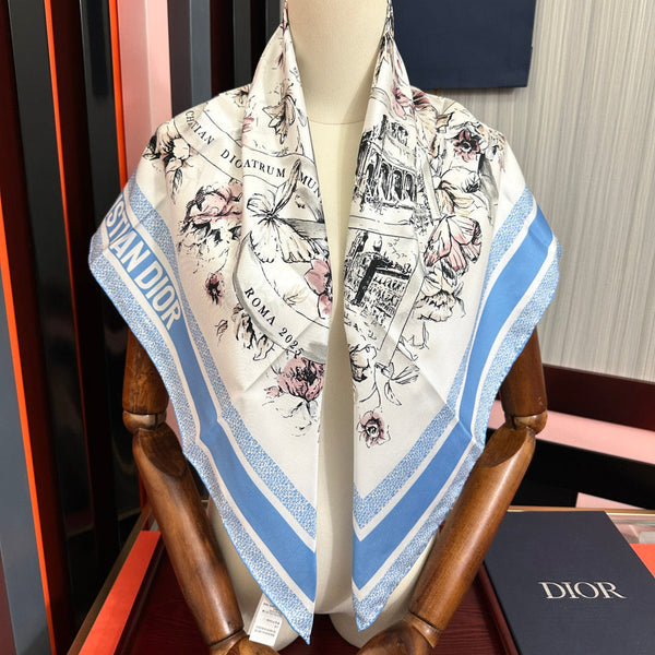 CD Souvenir de Rome Scarf 90x90 Blue White Silk 333457