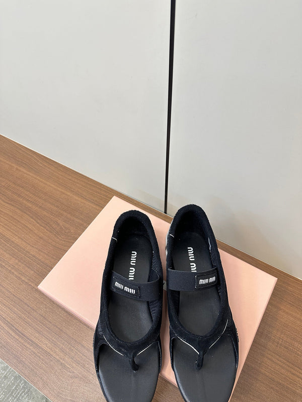 Miu Thong Sandals In Black Suede Mix Tech Fabric