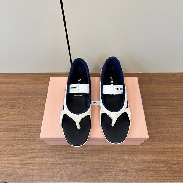 Miu Thong Sandals In White Suede Mix Navy Tech Fabric