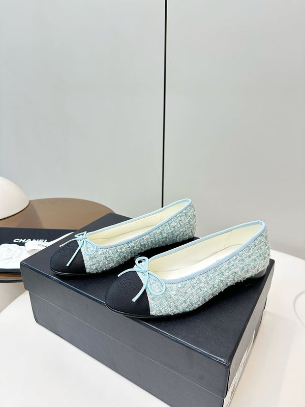 Chanel 25 Ballet Flat Blue Black Tweed Frabic 469256
