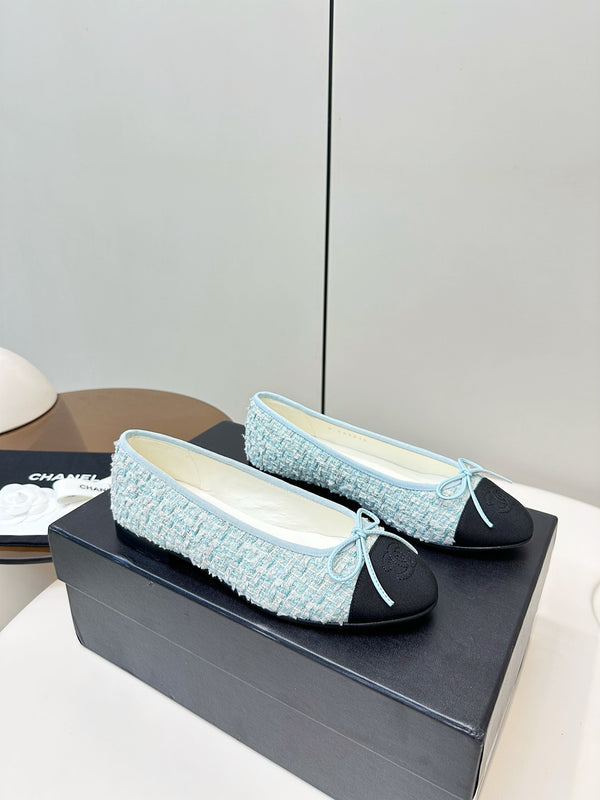 Chanel 25 Ballet Flat Blue Black Tweed Frabic 469256