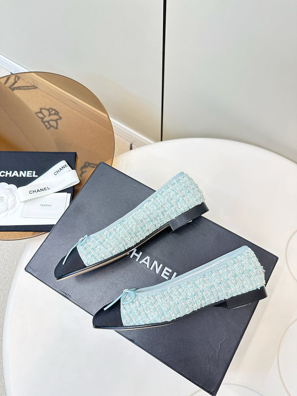 Chanel 25 Ballet Flat Blue Black Tweed Frabic 469256